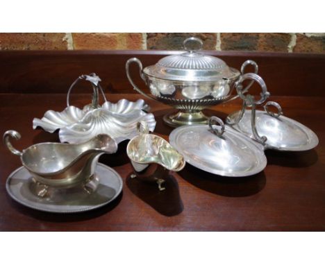 Five silver plated serving item to include a Hardy Bros. two handles tureen, leaf form dish, two gravy boats and a divided di