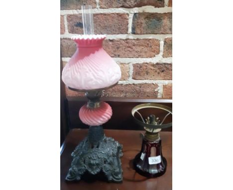 Bohemian small oil lamp with pink shade together with an oil lamp base with Bohemian glass base (no shade)