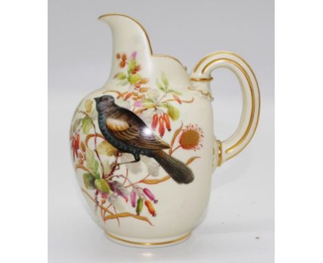 Royal Worcester handpainted "Bird" ewer with gilded handle. Cornflowers to back. C:1910