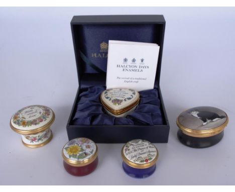 Five various Halcyon Days enamel boxes including a cat, royal commerative etc.