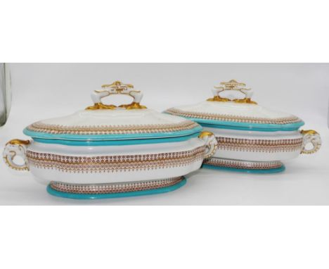 Pair of Victorian Royal Worcester tureens with elephant head handles and claw decorated lids. (Hairline to one). C:1880