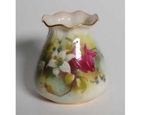 Royal Worcester handpainted vase well painted with roses, circa 1912, 8.5cm approx.