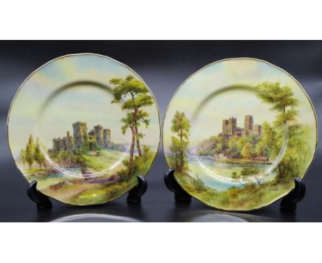 Royal Worcester "Castle" display plates Durham &amp; Raglan castle, hand painted and signed.