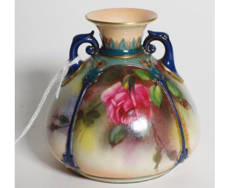 Royal Worcester Hadley twin handle posy vase handpainted with roses / floral decoration, height 8.5cm approx