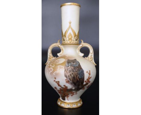 Royal Worcester blush ivory 2 handled vase with bamboo form handle,C:1880, decorated with Barn Owl, with moon lit sky, 28cm h