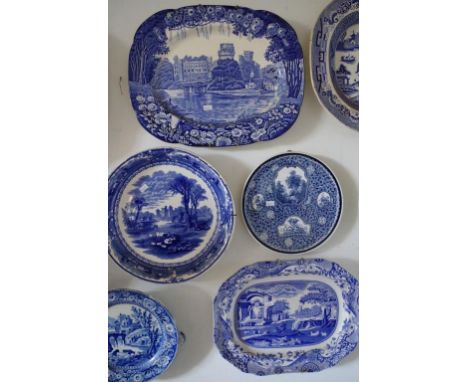 Four assorted blue &amp; white plates &amp; platters including Spode tower, Woods castles, etc