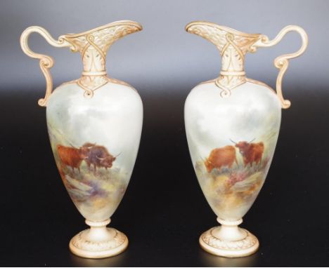 Pair Royal Worcester ewers, hand painted with Highland cattle, signed John Stinton, Pierced borders to rim, Height 25cm.