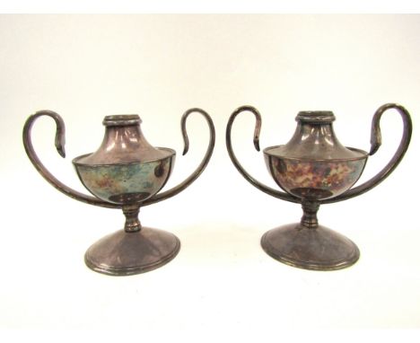 A pair of William Arthur Smith Benson silverplated urn form oil lamp bases, impressed stamp mark W.A.S. Benson to base, regis