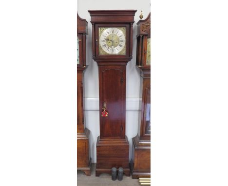 An early 19th Century country oak cased long case clock, Roman numerated silvered chapter ring and calendar aperture, gilt sp
