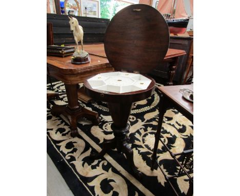 A Victorian walnut sewing table, faceted sides to tripod base 