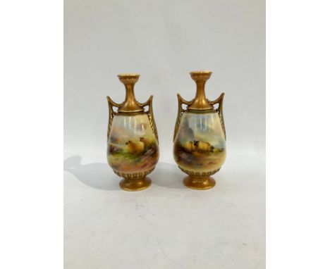 A pair of Royal Worcester twin handled vases painted images of sheep in landscape, signed H.Davis with puce back stamp, 21cm 