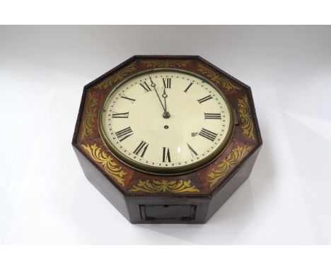 A rose wood and brass inlaid English fusee dial clock of octagonal form with painted Roman dial. 35.5cm wide 