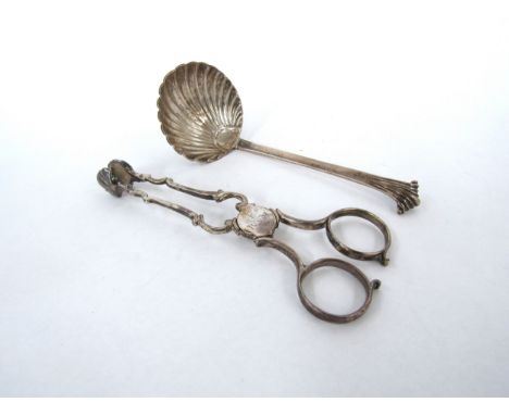 A pair of silver Thomas Northcole  sugar nips, monogram to pivet and a Victorian silver scallop bowl ladle, approximately 11c