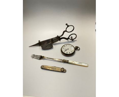 Mixed items including pocket watch, scissor, candle snuffer, silver penknife and plated pickle fork 