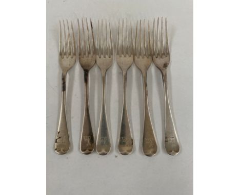 Six William Hutton &amp; Sons Ltd silver forks, Sheffield 1920, with stags crest to terminals, 305g 
