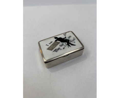 A Horton &amp; Allday enamel Vesta case, Birmingham, 1880 depicting a devil "I AM J.M WHO ARE .....YOU?"  (a/f) 
