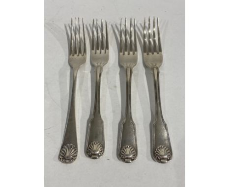 Three Richard Poulden silver forks, London 1820 and similar fork by William Hutton &amp; Son, London 1909, 343g 