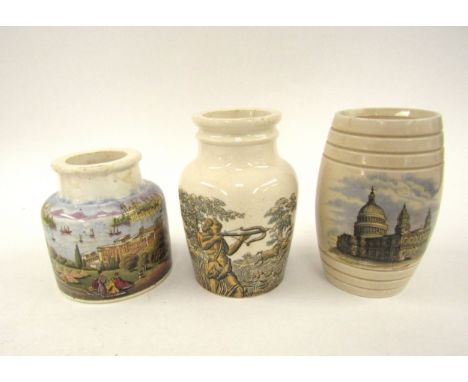 Three Prattware jars; "Constantinople", "St Pauls Cathedral" and a Hunting scene 