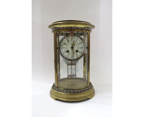 A late 19th Century French brass cased Champleve enamel two train mantel clock with Arabic numerals, mercury compensation pen
