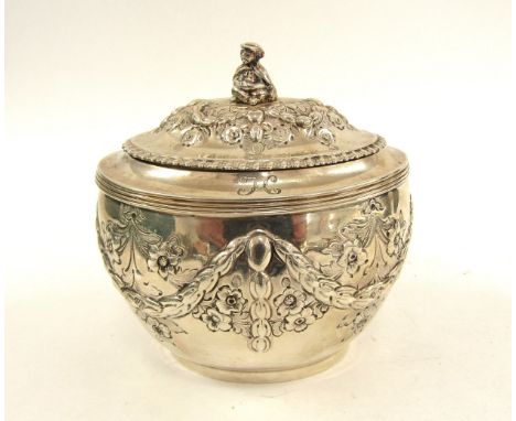 A silver John Henry Rawlings silver tea caddy, floral decorated with ribbon and swag detail, figural knop, monogrammed H, Lon