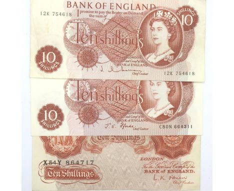 Three ten shilling notes of Elizabeth II, Fford (serial C80N 664311), O'Brien (serial X54Y 864717) and Hollom (serial 12K 754
