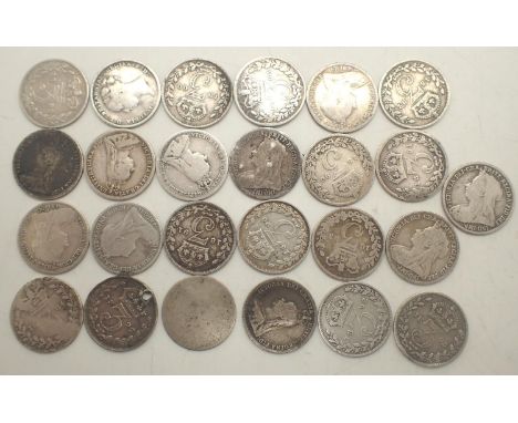 Twenty five silver threepences of Queen Victoria, dates 1883-1900, mixed grades. P&amp;P Group 1 (£14+VAT for the first lot a