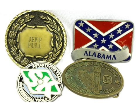 Three American belt buckles and a Jeep Pull medal. P&amp;P Group 1 (£14+VAT for the first lot and £1+VAT for subsequent lots)