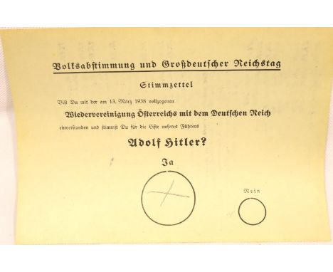 Pre WWII German Adolf Hitler voting slip from the 1938 referendum. Writing verso, vendor advises this was used as scrap paper