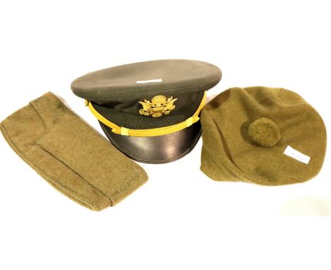 American military peaked cap, Post War German cap and a modern Tam O Shanter (3). P&amp;P Group 2 (£18+VAT for the first lot 