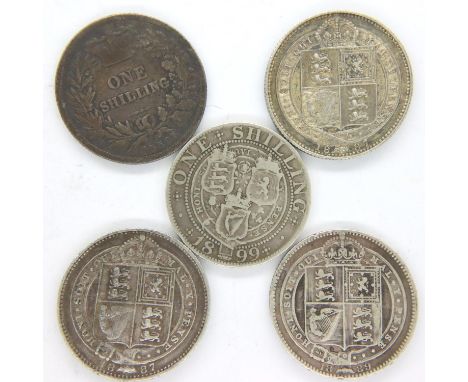 Five silver shillings of Queen Victoria, dates 1838-1899, mixed grades. P&amp;P Group 1 (£14+VAT for the first lot and £1+VAT