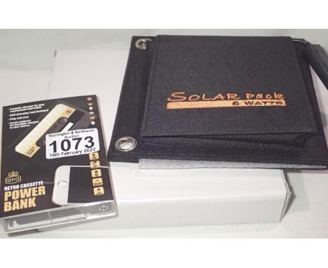 New old stock, 6 watt folding solar panel pack and GPO cassette style 3500 mAh power bank to recharge mobile phones and table