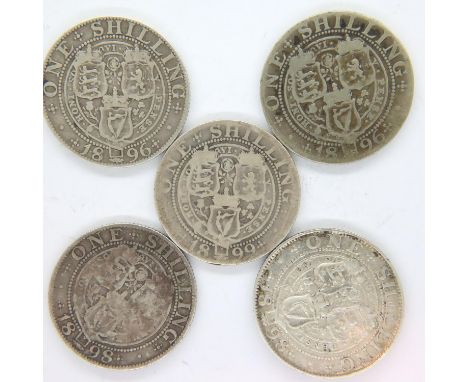 Five veiled head silver shillings of Queen Victoria, dates 1896-1899, mixed grades. P&amp;P Group 1 (£14+VAT for the first lo
