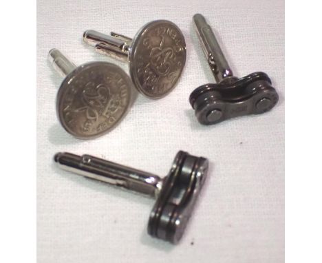 Two pairs of novelty cufflinks, one in the form of sixpences. P&amp;P Group 1 (£14+VAT for the first lot and £1+VAT for subse