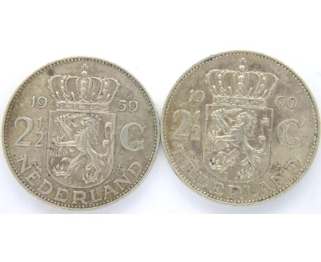 1959 and 1960 Netherlands silver 2 1/2 Gulden. P&amp;P Group 1 (£14+VAT for the first lot and £1+VAT for subsequent lots) 