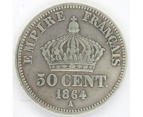 1864 French silver fifty centimes of Napoleon III, Paris mint EF grade. P&amp;P Group 1 (£14+VAT for the first lot and £1+VAT
