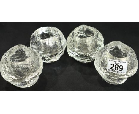 Ann Warf for Kosta Boda; a set of four tealight holders in the Snowball pattern, each H: 70 mm. No cracks, chips or visible r