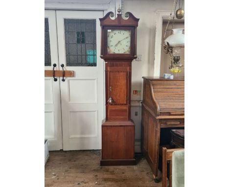 Oak cased 30 hour longcase clock with painted Arabic numeral dial and swan neck pediment.