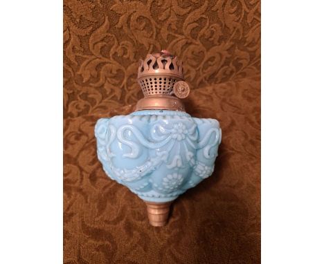 Victorian blue vaseline glass oil lamp, oil lamp vessel with Venus Lampworks burner embossed with ribbons and garlands.