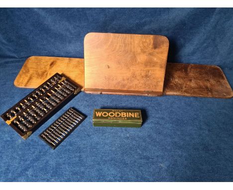 Woodbine dominos tin, folding book stand and abacus.