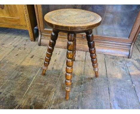 Oak carved top bobbin turned stool.