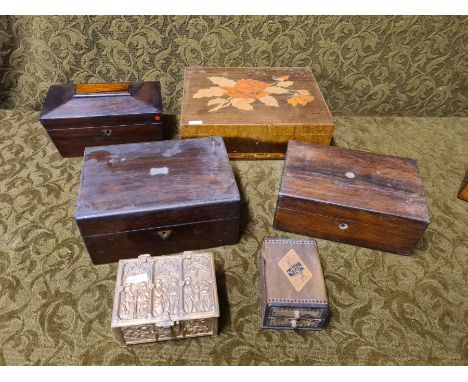 Collection of boxes and caddies including inlaid box, rosewood caddy and sewing box, marquetry card box, cast metal cigarette