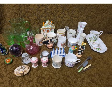 Mixed lot of decorative china, glassware and pottery to include Doulton balloon seller, Schoolmaster Bunnykins, character jug