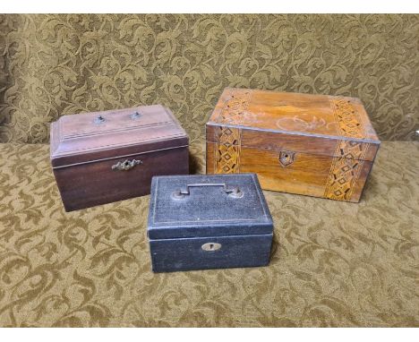 19th century boxes, Tunbridge box, Georgian tea caddy and ladies leather travel box.