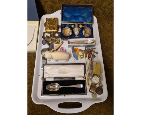 Mixed tray lot Joseph Rodgers silver spoon, EPNS shell cruet, travel case compact, stamp viewers, Sekonda watch, etc.