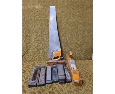 Vintage tools including Spear &amp; Jackson panel saw, wooden Jack plane with Ward cast steel iron, moulding plane and oil st