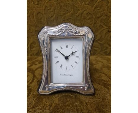 Arthur Price silver framed clock standing 11cm tall with battery movement, London 1998.