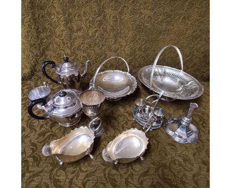 Silver plated table wares to include 3 piece teaset, cake baskets, pair sauce boats, epergne stand, etc.