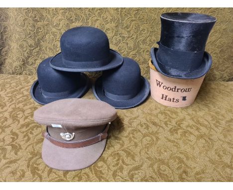 Henry Heath Edwardian top hot, 3 bowler hats and a Kings Own Light Infantry military peak cap.