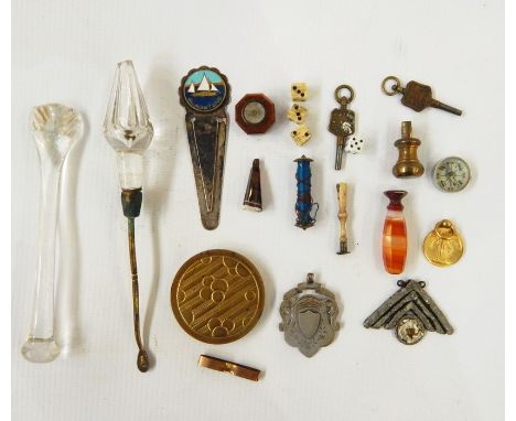 Birmingham silver medal, glass-handled snuff scoop, glass sugar crusher, electroplated and enamel bookmark, gold stone compas