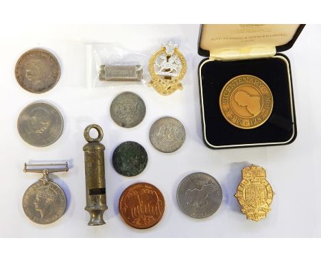 Assorted miscellaneous items to include 1971 USA dollar, miniature harmonica marked 'Victory', 1935 crown, assorted various f